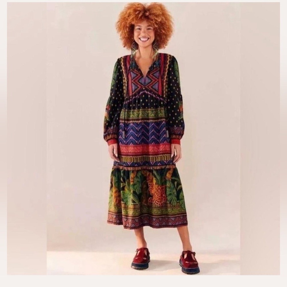 FARM RIO Dress MIDI Forest Tapestry Split-Neck midi linen‎ small